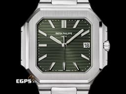 Patek Philippe 百達翡麗 PP錶 Cubitus 5821/1A-001 不鏽鋼材質&nbsp;<font color="#c0f2bf">綠色橫條浮雕日輝紋面盤</font><font color="#2828FF">&nbsp;</font>大三針&nbsp;<font color="#ff0000">最新款 方形圓角錶殼 橄欖綠 2025年保單 </font> 自動上鍊 45mm