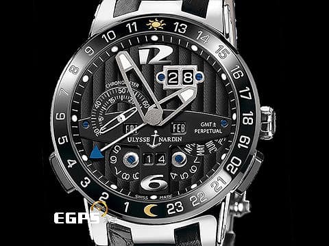 ULYSSE NARDIN 雅典 El Toro 挑戰者萬年曆腕錶 320-00 18K白金材質 黑色陶瓷圈 黑色繩索紋面盤 GMT 大日期窗 自動上鍊 萬年曆超級複雜功能腕錶 附原廠膠帶及膠帶專用錶扣&nbsp;43mm