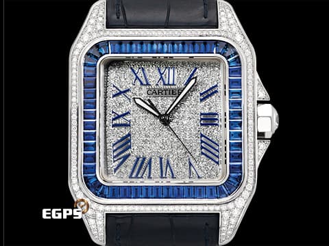 CARTIER 卡地亞 Santos 100 山度士 大型 經典 不鏽鋼材質   精鑲藍色寶石錶圈 精鑲真鑽漫天星面盤、錶殼&nbsp;自動上鍊 41mm