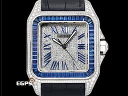 CARTIER 卡地亞 Santos 100 山度士 大型 經典 不鏽鋼材質  <font color="#0582f5"> 精鑲藍色寶石錶圈</font><font color="#FF0000"> </font><font color="#05f0f0">精鑲真鑽漫天星面盤、錶殼</font>&nbsp;自動上鍊 41mm