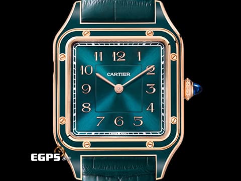 CARTIER 卡地亞 Santos-Dumont 山度士 杜蒙特 WGSA0098 經典 大型款&nbsp;真漆孔雀藍面盤、錶背鐫刻親筆簽名&nbsp;玫瑰金材質&nbsp;2025年保卡&nbsp;手上鍊 43.5x31.4mm