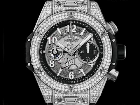Hublot 宇舶 BIG BANG 大爆炸 Unico Blackmagic 421.NX.1170.RX.1704&nbsp;&nbsp;鈦金屬材質 飛返計時碼錶&nbsp;&nbsp;原鑲162顆鑽石錶圈（約1.1克拉） 2025年最新電子式保單 自動上鍊 44mm
