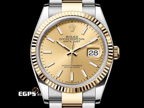 ROLEX 勞力士 Datejust 36 蠔式日誌型 126233 皇帝金 金色面盤 18K黃金 半金款 DJ36 經典三角坑紋錶圈 2026年新式保卡 蠔式（Oyster）三節錶帶 自動上鍊 36mm