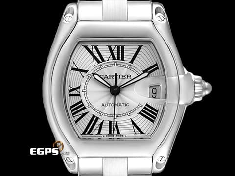 CARTIER 卡地亞 Roadster 跑車系列 大型款 銀白色雕紋面盤&nbsp;經典 酒桶形 大三針 另附原廠皮帶組 自動上鍊 45x38mm