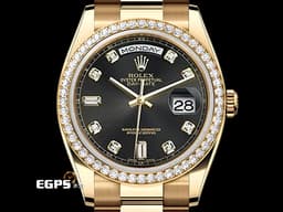 ROLEX 勞力士 Oyster Perpetual Day-Date 118348 蠔式 18K黃金材質 <font color="#05f0f0">原廠鑲嵌鑽石錶圈、時標 黑色面盤</font> <font color="#ff0000">已回勞力士原廠做保養 延長保固到2028年5月</font> 自動上鏈 36mm