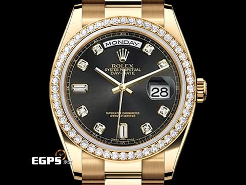 ROLEX 勞力士 Oyster Perpetual Day-Date 118348 蠔式 18K黃金材質 原廠鑲嵌鑽石錶圈、時標 黑色面盤 已回勞力士原廠做保養 延長保固到2028年5月 自動上鏈 36mm