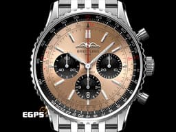 BREITLING 百年靈 Navitimer B01 Chronograph 43 航空計時 AB01382 AB0138241K1A1 不鏽鋼材質 鏈帶款 計時碼表 <font color="#f7b05f">鮭魚色面盤</font> <font color="#FF0000">2025年保單 經典環形飛行滑尺 百年靈自製01機芯</font> 自動上鍊 43mm