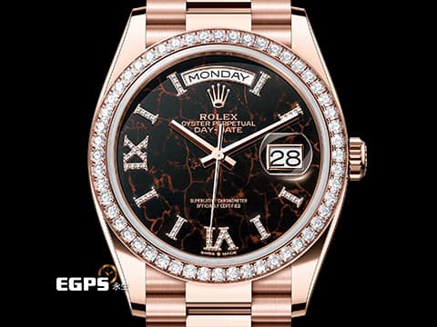 ROLEX 勞力士 Day-Date 36 蠔式 星期日曆型 128345RBR 永恆玫瑰金 DD36 赤鐵石英面盤【熔岩巧克力】 產量最稀少的DD，原鑲羅馬數字VI&amp;XI&amp;柱狀時標、原鑲鑽石錶圈&nbsp;2022年保卡&nbsp;自動上鍊 36mm
