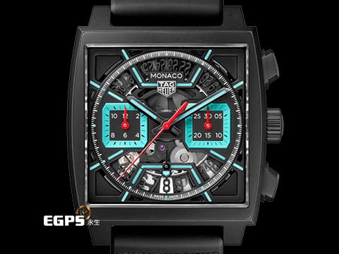 Tag Heuer 泰格 豪雅 Monaco Chronograph 摩納哥 CBL2184.FT6236 計時碼錶 黑色DLC塗層鈦金屬材質 Tiffany 綠松石色夜光計時錶盤 鏤空面盤&nbsp;2026年保卡&nbsp;賽車錶 自動上鍊 39mm