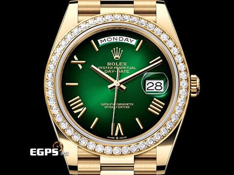 ROLEX 勞力士 DayDate 40 228348RBR 18K黃金材質 228348 原廠鑲嵌鑽石錶圈 煙燻綠色面盤&nbsp;2026年保卡  自動上鍊 40mm