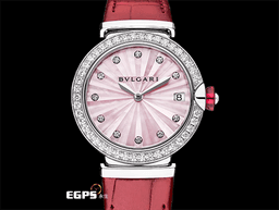 BVLGARI 寶格麗 BVLGARI LUCEA 103618 <font color="#FF0000">2024年保單 鑽石時標、錶圈 紅碧璽錶冠 <font color="#f079a0">原廠亮麗鑽石圈 艷麗粉紅色立體珍珠母貝紋面 原廠紅色鱷魚皮錶帶</font></font> 33mm