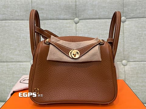 HERMES 愛馬仕 Mini Lindy II 19 TC牛皮 轉釦手提 金棕色 (色號37)&nbsp;金扣&nbsp;W刻&nbsp;斜背兩用包 Taurillon Clemence(T/C)皮革