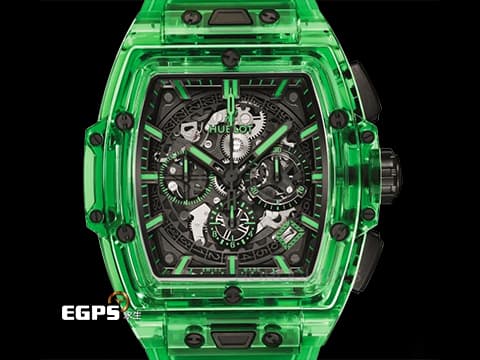 HUBLOT 宇舶 SPIRIT OF BIG BANG SAXEM 大爆炸 642.JG.0190.RT  綠色藍寶石水晶材質 鏤空面盤 快拆式功能錶帶  2022年保卡 台灣公司貨  全球限量100支 新錶訂價：3,924,000元 自動上鍊 42mm