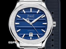 PIAGET 伯爵 Polo Signature Date 系列 G0A51032 枕型 <font color="#8fbeff">藍色緣飾紋理面盤</font><font color="#3773b3">&nbsp;</font>不鏽鋼材質 <font color="#ff0000">2026年保卡</font> 自動上鍊 42mm