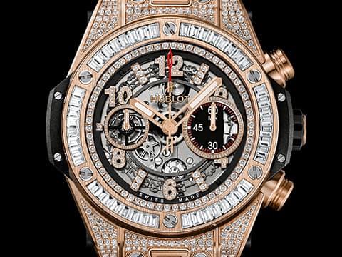 HUBLOT 宇舶 Big Bang 大爆炸 Unico 王金玫瑰金 411.OX.1180.RX.0904 原鑲鑽錶，大梯鑽錶圈，鏤空鑲鑽面盤 飛返計時 三日鍊 自動上鍊 45mm
