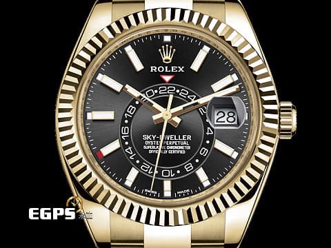 ROLEX 勞力士 Sky-Dweller 天行者 326938 18K黃金材質 沙羅系統 年曆錶 兩地時區 柱狀時標黑色面盤 2023年保卡&nbsp;自動上鍊 42mm