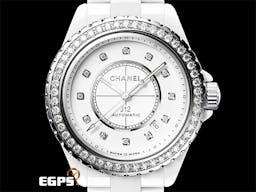 CHANEL 香奈兒 J12 Caliber 12.1系列 Diamond Bezel H7189 白陶瓷 <font color=#84C1FF>原廠鑲鑽錶圈、鑽石時標</font> 專利不鏽鋼摺疊扣 <font color=#FF0000>新機芯 透明錶背 2023年台灣公司貨</font> 自動上鍊 38mm