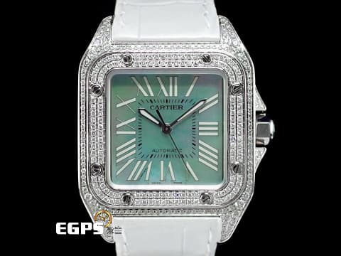 CARTIER 卡地亞 Santos 100  淺藍色珍珠貝母面盤 山度士 中型 精鑲鑽圈 自動上鍊 36mm