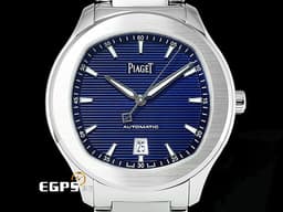 PIAGET 伯爵 Piaget Polo Date G0A41002 不鏽鋼材質 <font color=#FF0000>2024年極新保單</font> 藍色雕紋面盤 自動上鍊 <font color=#4169e1>百搭易襯、標誌性的枕形錶殼造型，搭上暗夜藍橫向雕紋面盤散發出令人心動的高貴感</font> 42mm