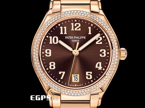 Patek Philippe 百達翡麗 PP錶 Twenty~4系列 7300/1200R-001 原廠鑲嵌160顆頂級天然美鑽外圈 巧克力 棕色日輝紋面盤 玫瑰金材質 大三針&nbsp;2026年保單&nbsp;自動上鍊 36mm
