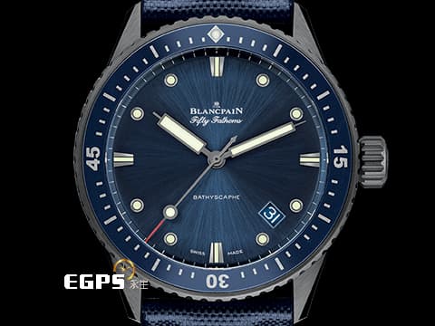 BLANCPAIN 寶鉑 五十噚系列 藍色陶瓷單向旋轉錶圈 藍色面盤 5000-0240-052A 2024年 極新保單 緞面磨砂灰色陶瓷錶殼  航海帆布材質錶帶 自動上鍊 43.6mm