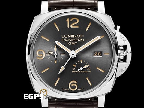 PANERAI 沛納海 Luminor Due PAM944 PAM00944 不銹鋼材質 炭灰色太陽放射紋面盤 GMT雙時區 3日動力儲存 微型自動盤&nbsp;自動上鍊 45mm