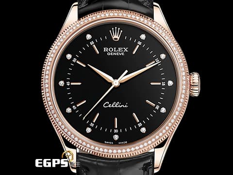 ROLEX 勞力士 Cellini 徹里尼 50605 永恆玫瑰金材質 50605RBR 大三針&nbsp;已停產稀有鑲鑽款 原廠鑲嵌鑽石錶圈、時標&nbsp;2019年保卡 自動上鍊 39mm