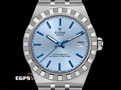 TUDOR 帝舵 Royal 皇家系列 2836C1A0-0106&nbsp;最新款 冰藍色面盤 割坑紋與磨光飾面間隔錶圈 不鏽鋼 大三針&nbsp;MT5412自製機芯 2026年保卡 最新「T-fit」快速調節折疊扣&nbsp;自動上鍊 36mm