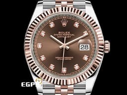 ROLEX 勞力士 Datejust 126331 蠔式日誌型 半金 <font color=#BB3D00>巧克力色面盤搭配鑽石時標</font> 玫瑰金 <font color=#FF0000>2024年保單 新式綠卡，紀念型五銖錶帶</font> 自動上鍊 41mm