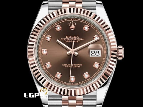 ROLEX 勞力士 Datejust 126331 蠔式日誌型 半金 巧克力色面盤搭配鑽石時標 玫瑰金 2024年保單 新式綠卡，紀念型五銖錶帶 自動上鍊 41mm