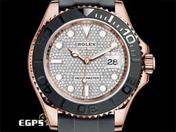 ROLEX 勞力士 Yacht-Master 126655 遊艇名仕 永恆玫瑰金材質 黑色陶瓷錶圈 自動上鍊 <font color=#FF0000>2022年保單，稀有原鑲滿天星面 </font> <font color=#FFFF33> 此錶歡迎各路錶友以 PP、AP、勞力士 來店交換，本店將以最高價評估～</font> 40mm