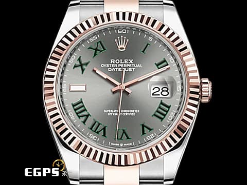 ROLEX 勞力士 Datejust 41 蠔式日誌型 126331 綠羅馬時標面盤 半金款 永恆玫瑰金 DJ41 經典三角坑紋錶圈 2021年新式綠卡蠔式（Oyster）三節錶帶 自動上鍊 41mm