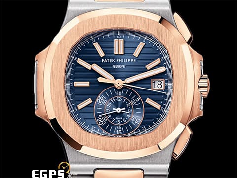 Patek Philippe 百達翡麗 PP錶 Nautilus 5980 金鷹 鸚鵡螺 5980/1AR 18K玫瑰金材質 半金款 鍊帶款 漸層橫條紋藍色面盤 同軸計時碼錶 新款PP印記&nbsp;2020年保單 僅貼膜試戴極新品&nbsp;自動上鍊 40.5mm