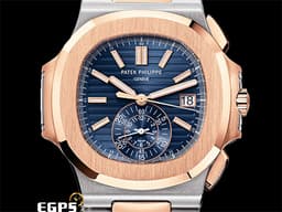 Patek Philippe 百達翡麗 PP錶 Nautilus 5980 金鷹 鸚鵡螺 5980/1AR 18K玫瑰金材質 半金款 鍊帶款 <font color="#05f0f0">漸層橫條紋藍色面盤 同軸計時碼錶 新款PP印記</font><font color="#FF0000">&nbsp;2020年保單 僅貼膜試戴極新品</font>&nbsp;自動上鍊 40.5mm