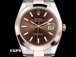 ROLEX 勞力士 Datejust 41 蠔式日誌型 126301 玫瑰金半金款 <font color=#FF0000>2022年保單新式保卡 </font> <font color=#d2691e>巧克力色面盤 </font> <font color=#FFFF33>蠔式大板鏈節錶帶款</font> 自動上鏈 41mm