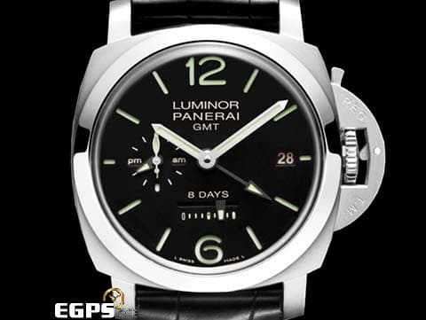 PANERAI 沛納海 luminor 8 Days GMT PAM233 黑色三明治面盤 日夜顯示 高圓弧藍寶石水晶鏡面 PAM00233 8日鍊&nbsp;手上鍊 44mm