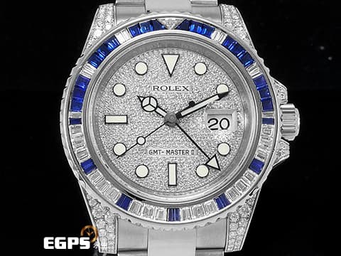 ROLEX 勞力士 GMT Msater II 格林威治型 116759 116759SA 18K白金材質 原鑲藍寶石鑲鑽錶圈、滿天星鑽石面盤、鑲鑽錶耳   此錶歡迎各路錶友以PP、AP、勞力士 來店交換，本店將以最高價評估～ 自動上鍊 40mm