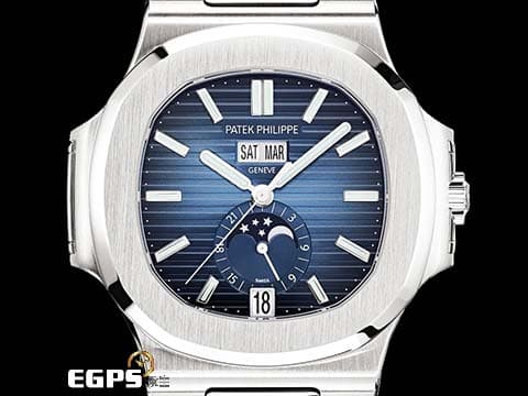 Patek Philippe 百達翡麗 PP錶 Nautilus 5726 金鷹系列 5726/1A-014 不銹鋼材質&nbsp;新一代鋼王 年曆錶 月相盈虧 新款PP印記 水平橫紋浮雕藍色面盤&nbsp;2023年保單 自動上鏈 40.5mm