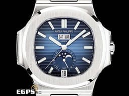 Patek Philippe 百達翡麗 PP錶 Nautilus 5726 金鷹系列 5726/1A-014 不銹鋼鍊帶款  <font color=#FF0000> 新一代鋼王 2020年保單 年曆錶 月相盈虧 新款PP印記 <font color=#0000E3>藍色水平横纹浮雕面盤</font> </font>  <font color=#FFFF33> 此錶歡迎各路錶友以 PP、AP、勞力士 來店交換，本店將以最高價評估～</font> 自動上鏈 40.5mm