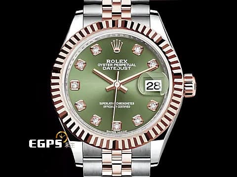 ROLEX 勞力士 Lady-Datejust 28 蠔式日誌型 279171 原廠鑲石時標 橄欖綠色面盤 DJ28 永恆玫瑰金 半金款 經典三角坑紋外圈 2020年保單 紀念型（Jubilee）五銖錶帶 自動上鏈 28mm