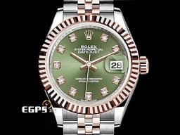 ROLEX 勞力士 Lady-Datejust 28 蠔式日誌型 279171 <font color="#6D8E23">原廠鑲石時標 橄欖綠色面盤</font> DJ28 <font color="#f3baa1">永恆玫瑰金 半金款</font> 經典三角坑紋外圈 <font color="#FF0000">2020年保單 紀念型（Jubilee）五銖錶帶</font> 自動上鏈 28mm