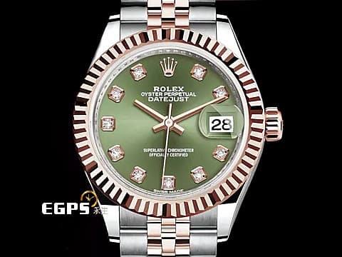 ROLEX 勞力士 Lady-Datejust 28 蠔式日誌型 279171 原廠鑽石時標 橄欖綠色面盤 永恆玫瑰金 半金款 DJ28 經典三角坑紋錶圈 2024年保卡 紀念型（Jubilee）五銖錶帶 自動上鍊 28mm