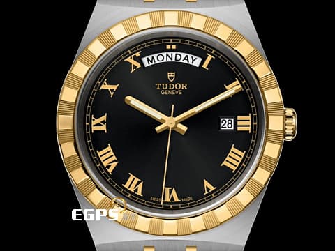 TUDOR 帝舵 Royal Day-Date 皇家系列 28603-0003 星期日期顯示 18K黃金 半金款 黑色面盤 特殊坑紋外圈 2024年保卡 半金腕錶超值首選款 自動上鍊 41mm