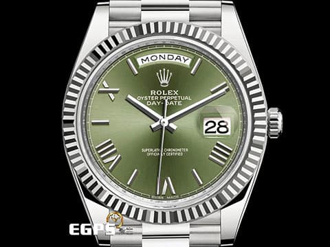 ROLEX 勞力士 Oyster Day-Date 40 蠔式 日期星期型 228239 紀念60周年 橄欖綠色面盤&nbsp;18K白金材質 DD40 經典三角坑紋錶框&nbsp;2021年新式保卡&nbsp;元首型（President）總統帶&nbsp;自動上鍊 40mm