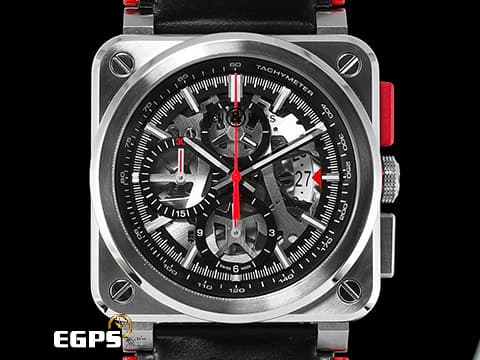 BELL &amp; ROSS 柏萊士 INSTRUMENTS BR03-94 AERO GT RED 概念跑車款 全球限量500只 全新客製化黑色穿孔搭配紅色滾邊小牛皮錶帶  鏤空腕錶 自動上鍊 42mm