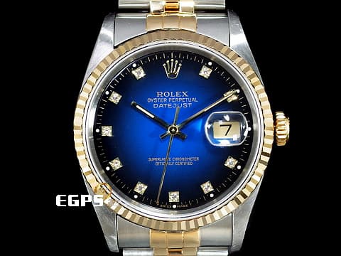 ROLEX 勞力士 Datejust 16233 經典 蠔式日誌型 18K黃金&amp;不鏽鋼材質 半金款 鑽石時標 煙燻藍色漸層面盤 自動上鍊 36mm