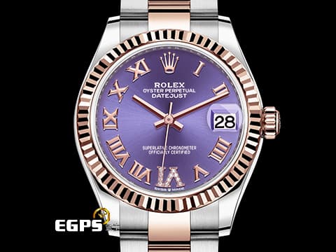 ROLEX 勞力士 DateJust 31 蠔式日誌型 278271 原廠VI鑲鑽時標 茄紫色面盤 永恆玫瑰金 半金款 DJ31 經典三角坑紋錶圈 2024年保單 蠔式（Oyster）三節板帶 自動上鍊 31mm