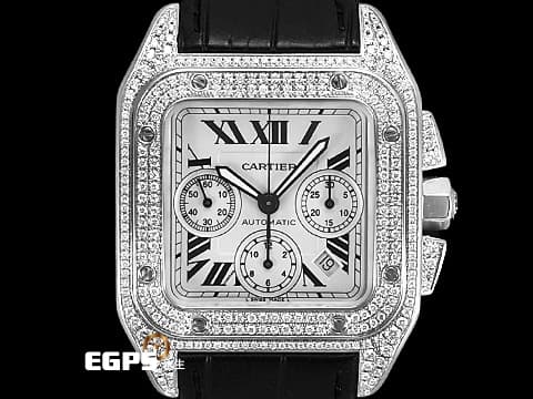 CARTIER 卡地亞 Santos 100 XL Chronograph 山度士 大型 計時碼表 經典羅馬數字時標 不鏽鋼 精鑲鑽框 自動上鍊 42mm