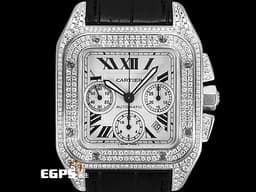CARTIER 卡地亞 Santos 100 XL Chronograph 山度士 大型 計時碼表 經典羅馬數字時標 不鏽鋼 <font color="#FF0000">精鑲鑽框</font> 自動上鍊 42mm
