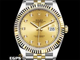 ROLEX 勞力士 DateJust 41 蠔式日誌型 126333 <font color=#f5dea8>原廠鑽石時標 皇帝金面盤</font> 18K黃金 半金款 DJ41 經典三角坑紋錶圈 <font color=#FF0000>2021年新式保單 紀念型（Jubilee）五銖錶帶</font> 自動上鍊 41mm